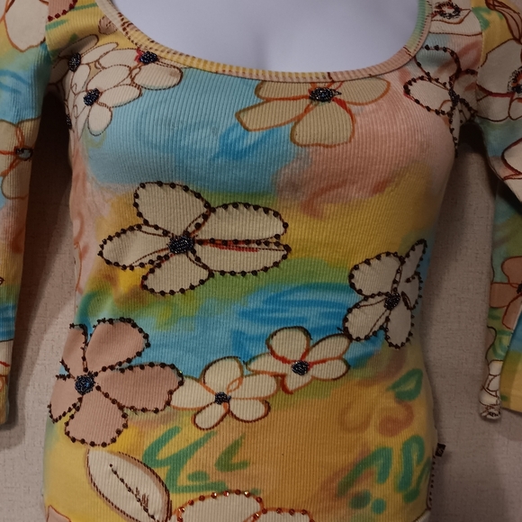 Y2k Colorful Floral Long Sleeve Women's Top - Picture 2 of 4